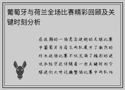 葡萄牙与荷兰全场比赛精彩回顾及关键时刻分析